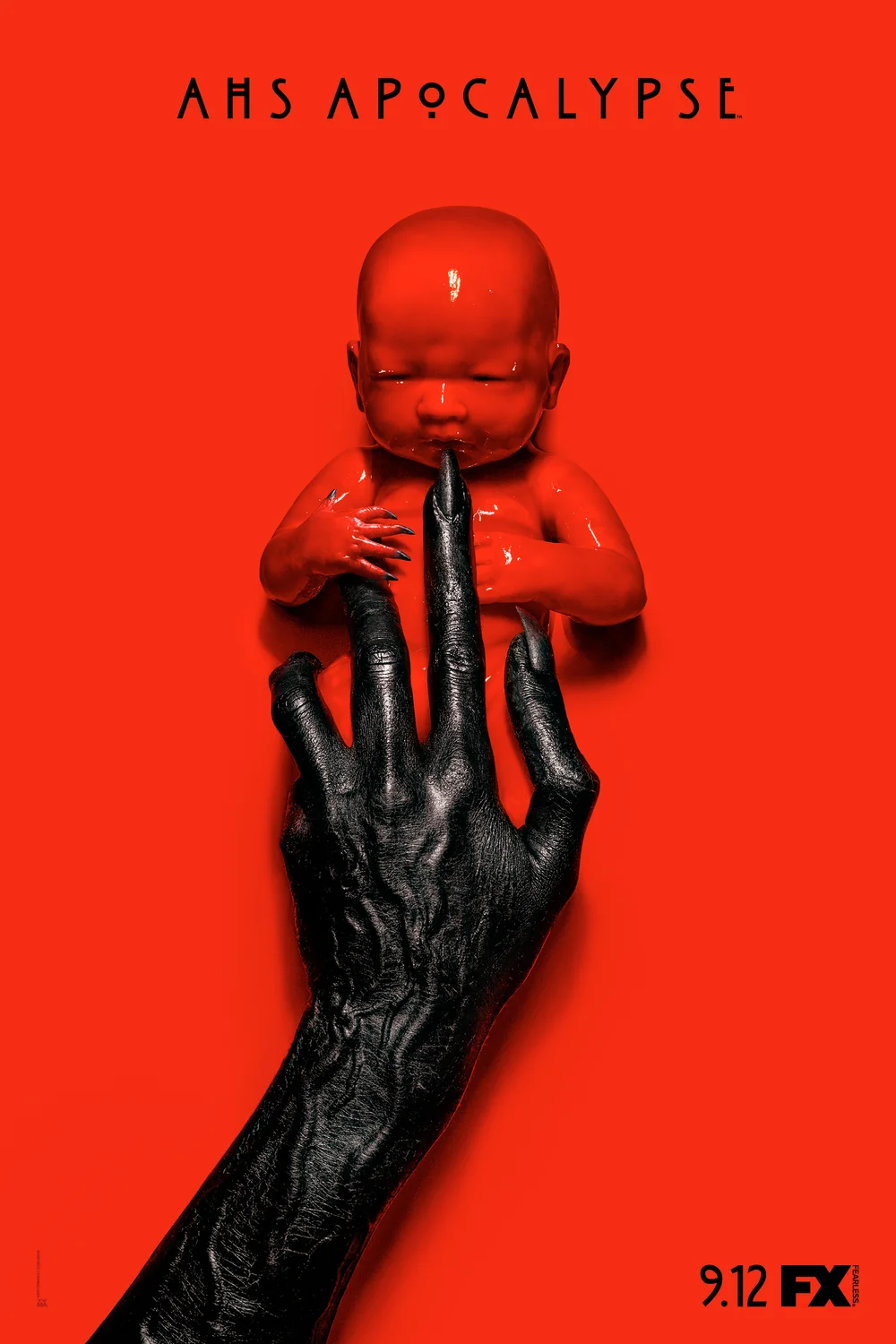 Official Apocalypse key art shows a red-lit infant held by a black clawed hand against a crimson background.