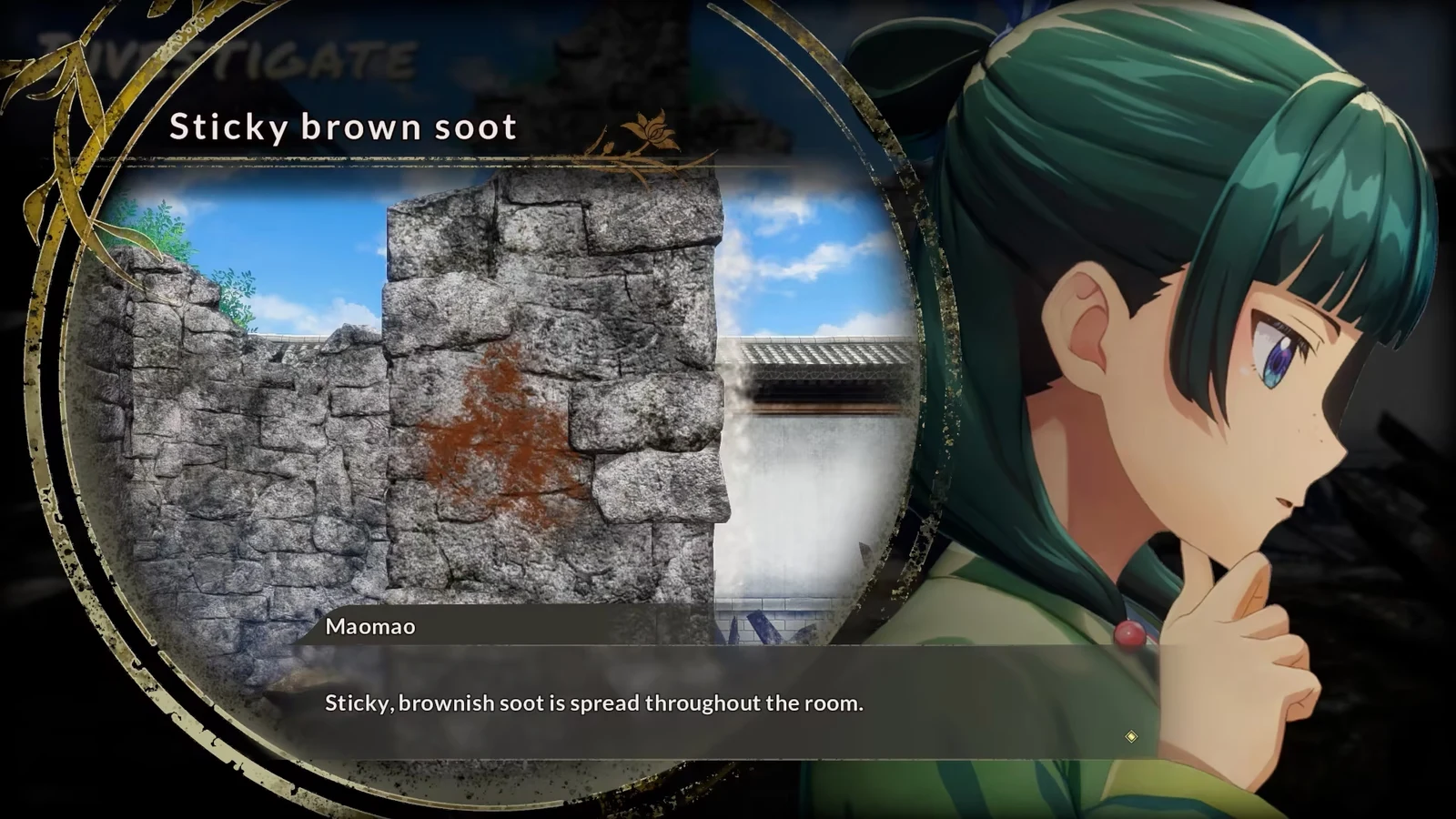 KOEI TECMO / Gust A close-up investigation scene showing Maomao examining a clue — sticky brown soot on a stone wall — in The Apothecary Diaries: The False Imperial Brother.