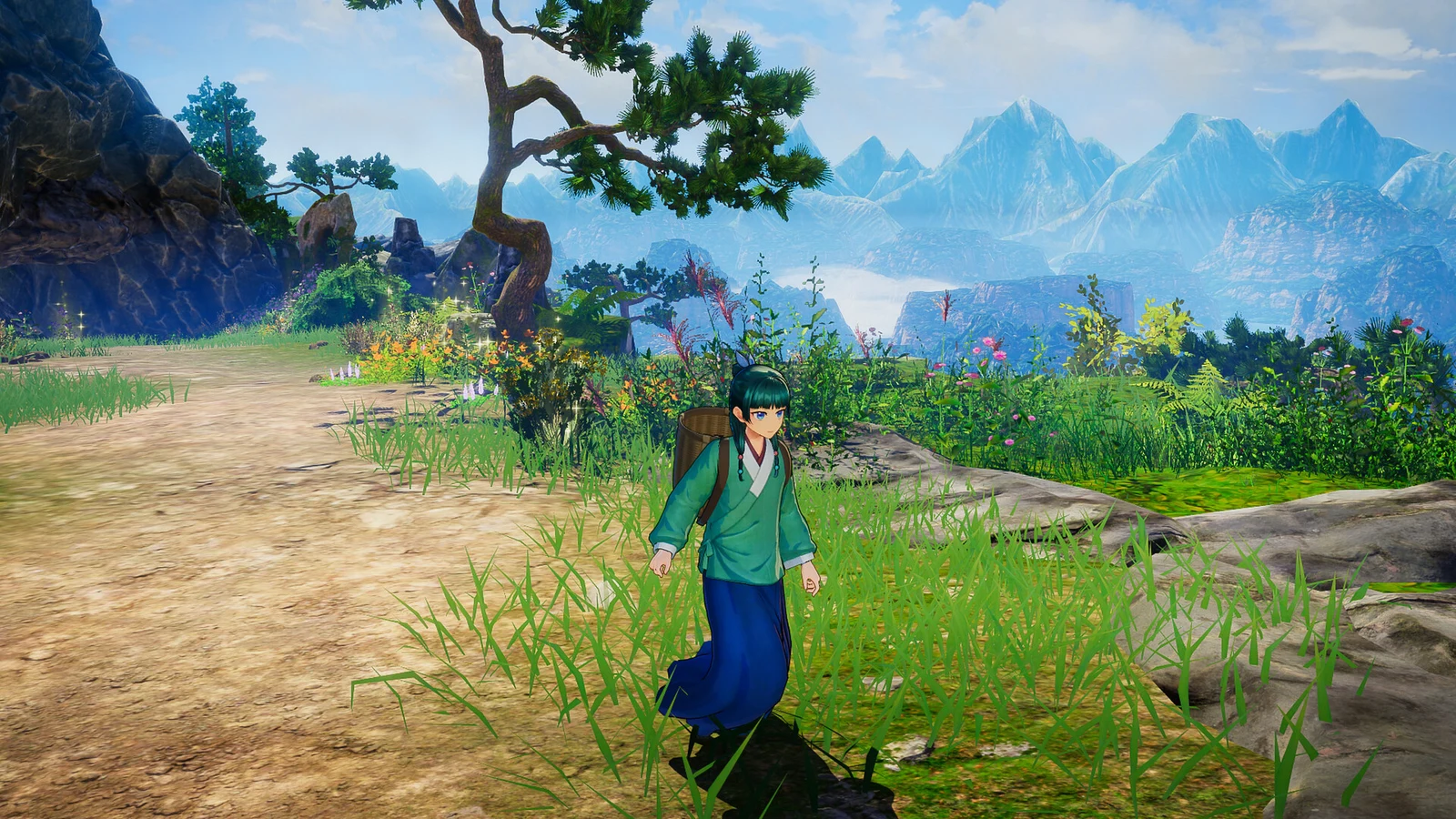 Maomao walking through a mountain path with a wicker basket on her back in The Apothecary Diaries: The False Imperial Brother.