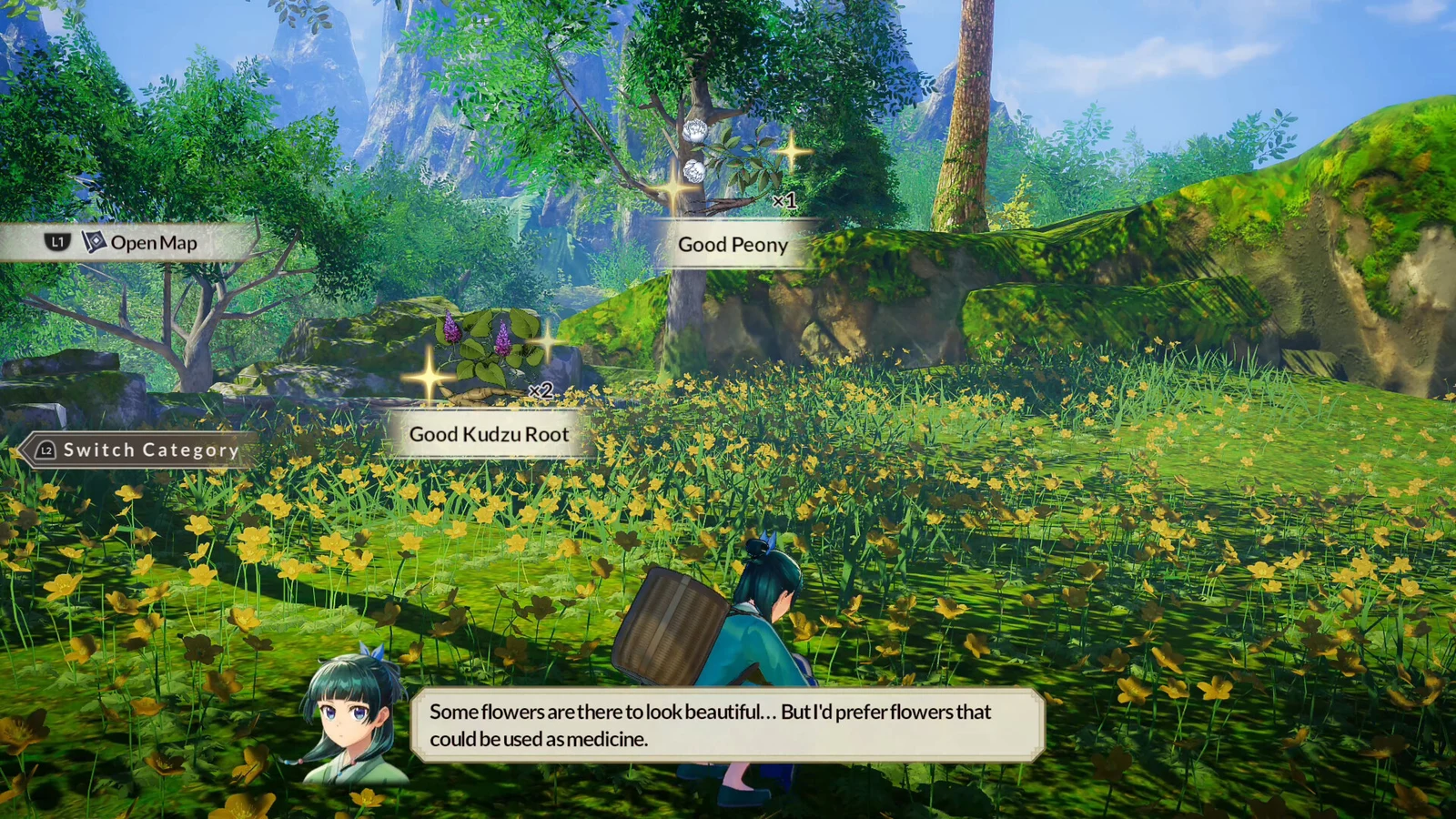 KOEI TECMO / Gust Maomao gathering medicinal herbs and ingredients in a flower field in The Apothecary Diaries: The False Imperial Brother.