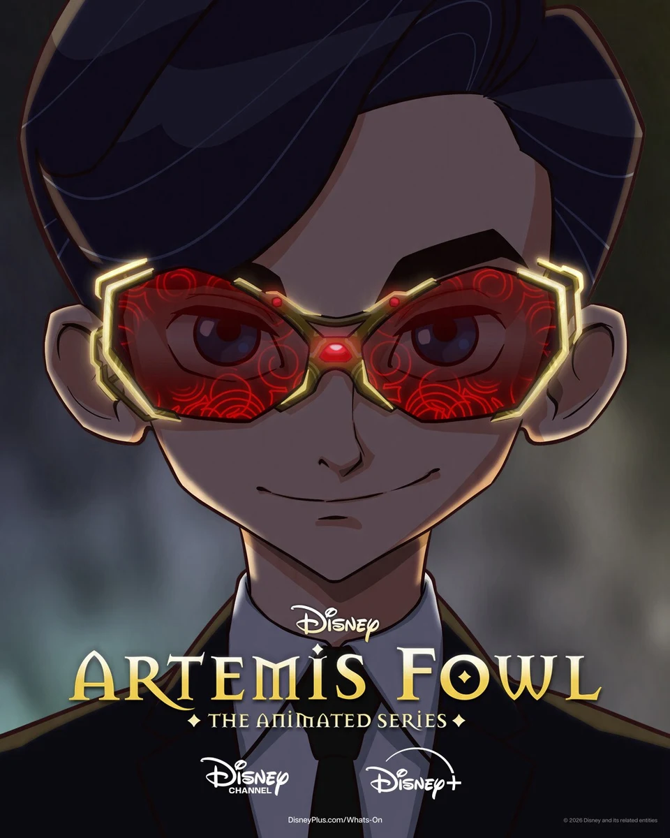 Official Artemis Fowl animated-series artwork shows the young title character wearing red high-tech glasses, with the series title and Disney Channel and Disney+ branding.