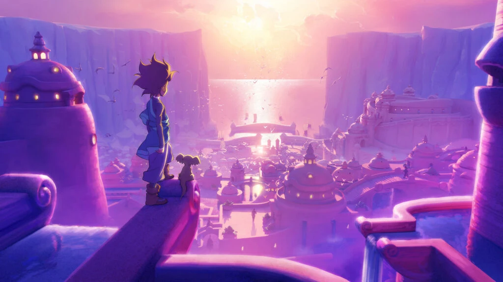 Teenage Kuruk and his koalaotter Nikik look across a sunlit Water Tribe city in official Wave of Chaos development art.