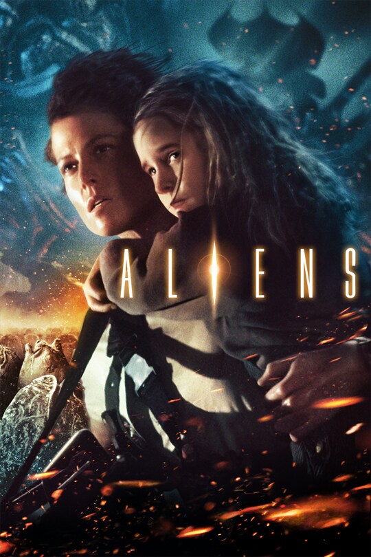 Ripley carrying Newt amid smoke and alien shapes in official Aliens artwork.