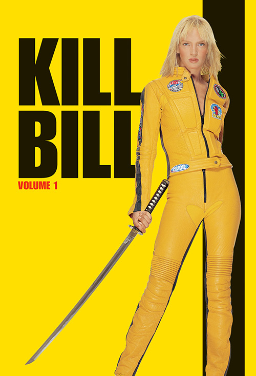 Uma Thurman as the Bride in a yellow suit, holding a sword, in official Kill Bill: Vol. 1 art.