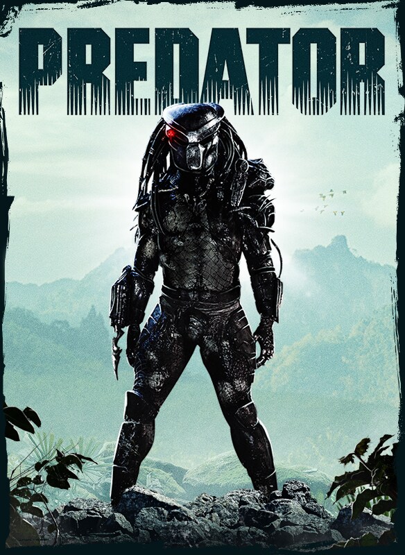 The alien hunter standing in a jungle clearing on the official Predator poster.