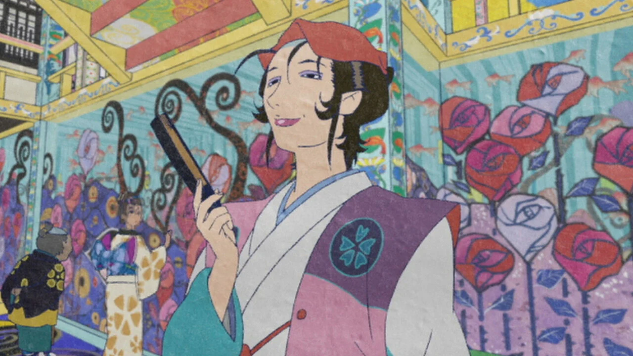 Official key art from the 2007 Mononoke anime, showing the Medicine Seller in a brightly patterned interior.