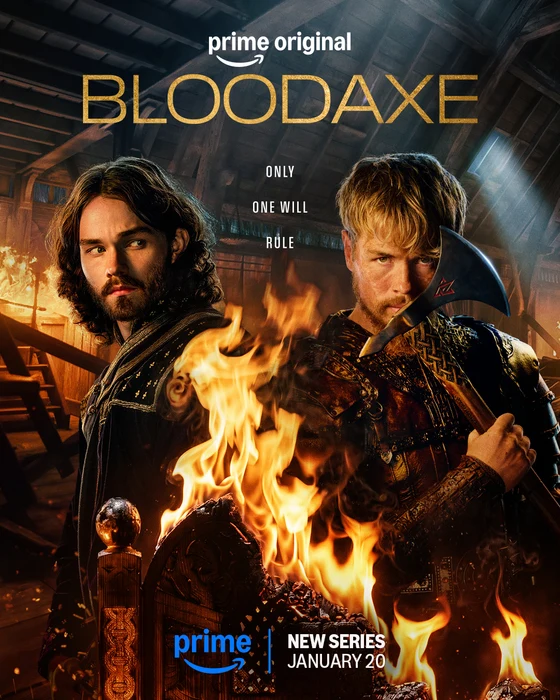 Official Bloodaxe Season 1 teaser poster showing two armoured Norse warriors amid flames, with the January 20 premiere date.