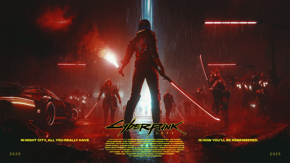 Official Cyberpunk 2077 fifth-anniversary game artwork showing a mercenary facing armed figures in a red-lit Night City street, with the complete game logo and 2020–2025 markings.