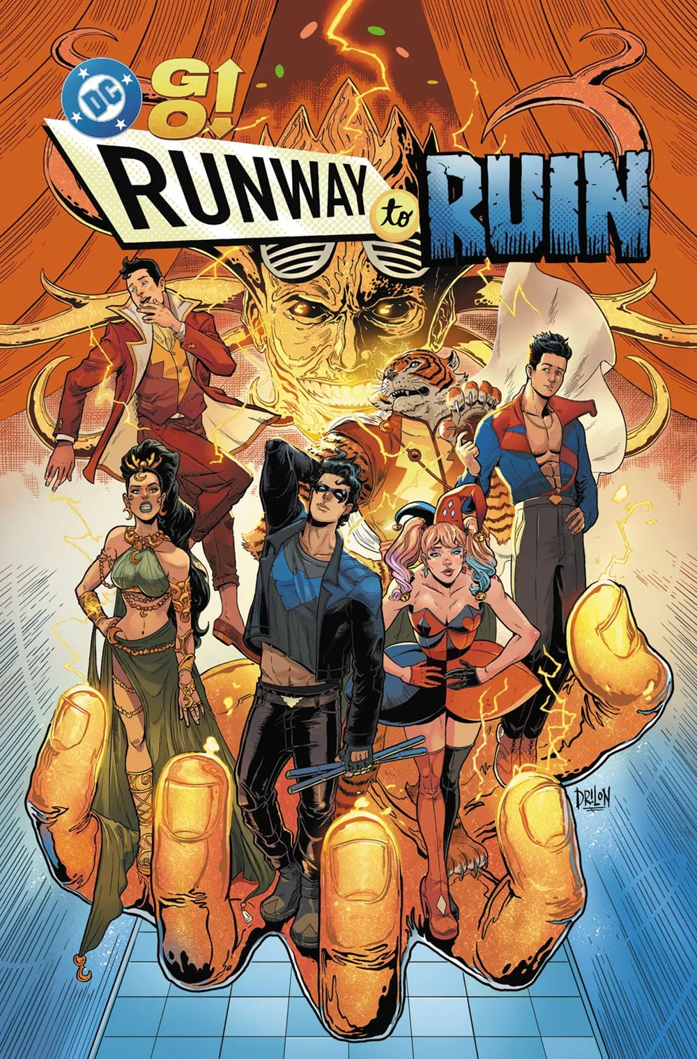 Official DC GO! Runway to Ruin art featuring the event logo and an ensemble of DC characters.