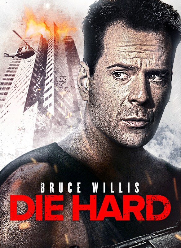 Official Die Hard poster showing Bruce Willis as John McClane in front of the burning Nakatomi Plaza.