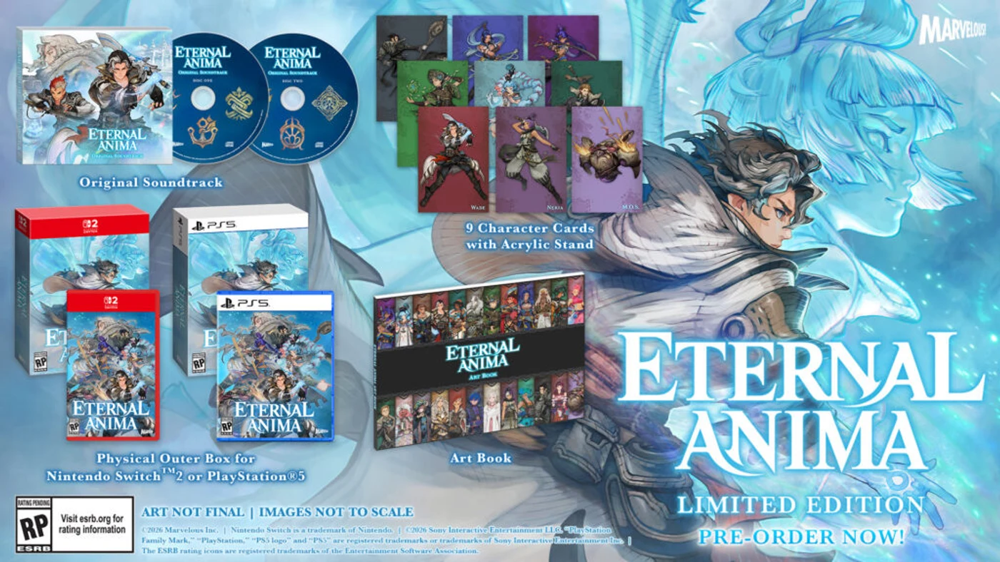 Official Eternal Anima Limited Edition contents, showing the two-disc original soundtrack, nine character cards with acrylic stand, art book, and physical outer boxes for Nintendo Switch 2 and PlayStation 5.