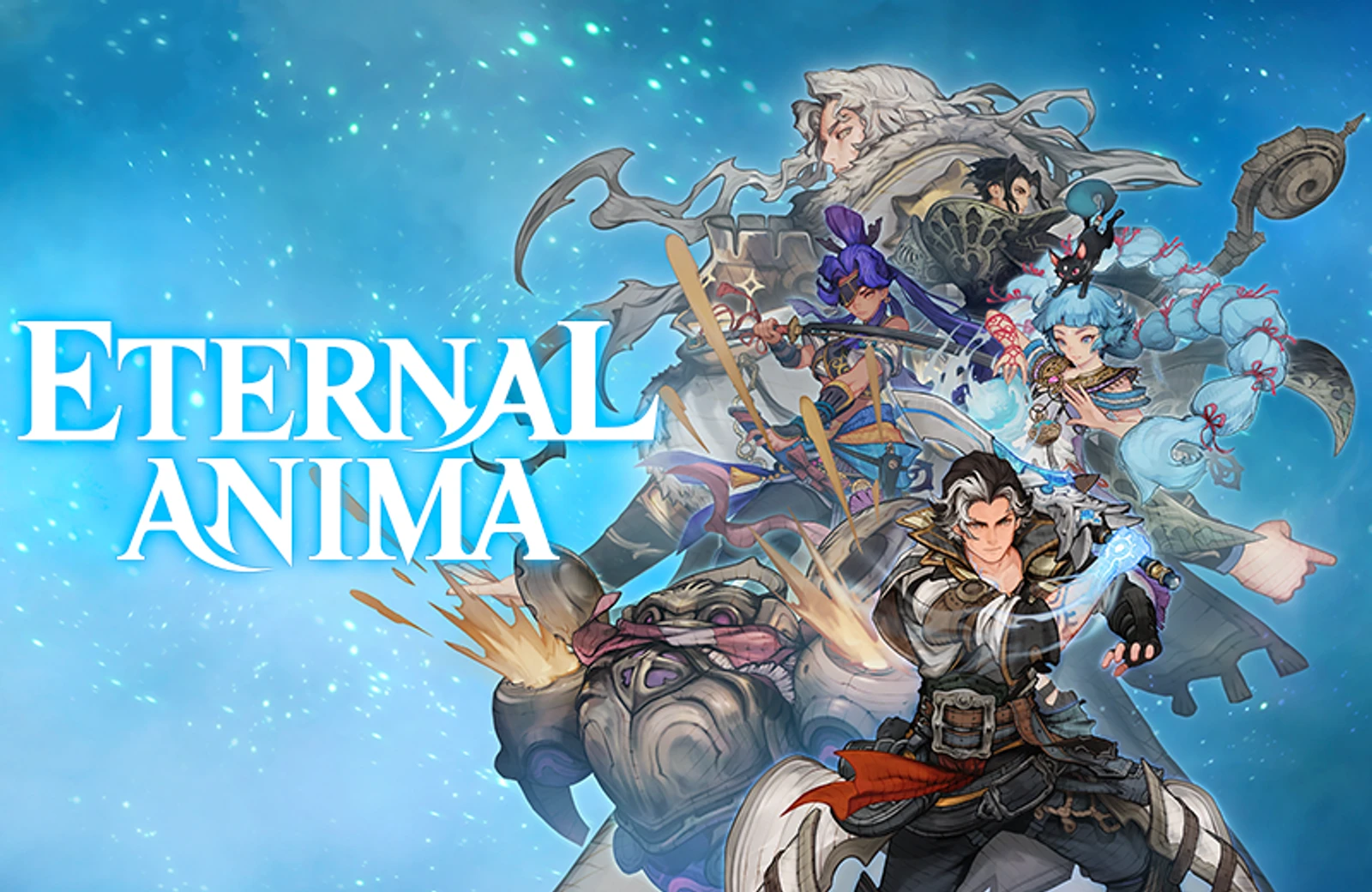 Official Eternal Anima key art showing protagonist Wade and the rest of the cast in a dynamic HD-2D-style illustration against a blue, starlit background.