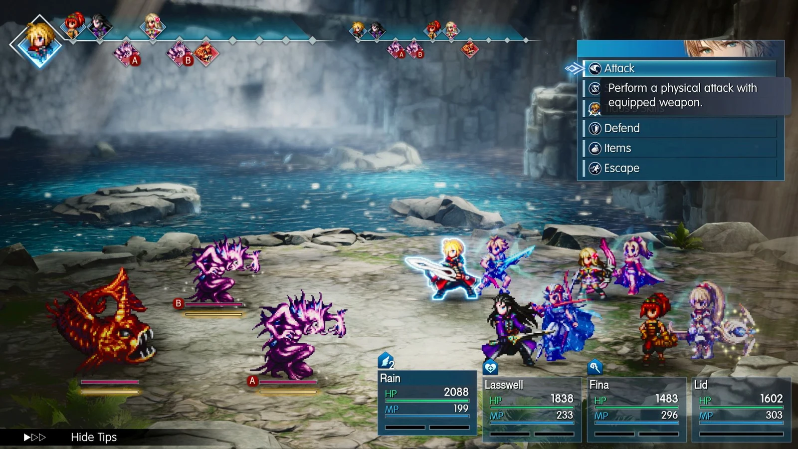 Square Enix A battle screen in Final Fantasy Resonance showing the action timeline across the top, HP/MP for four party members, and the command menu.