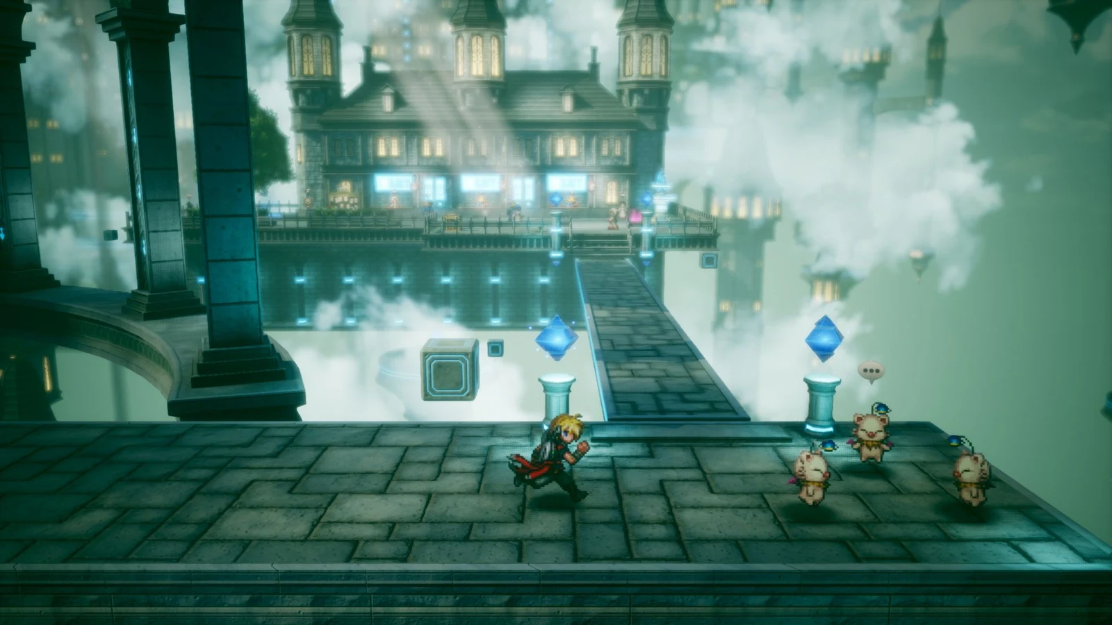 Square Enix A pixel-art HD-2D field screen in Final Fantasy Resonance, showing a character running past moogles near a floating city.