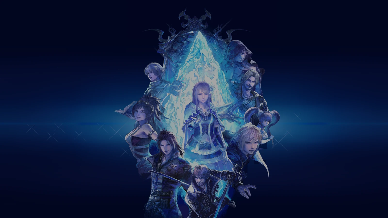 Official key art for Final Fantasy Resonance, showing the game's original cast surrounding a glowing crystal formation.
