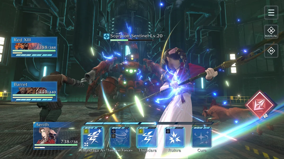 Official Ever Crisis promotional battle screenshot with Aerith, Barret and Red XIII facing a Scorpion Sentinel.