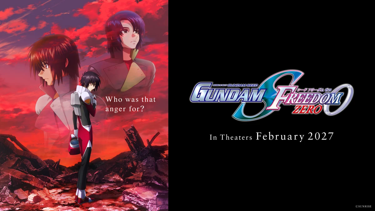 Official Gundam SEED FREEDOM ZERO teaser art shows Shinn Asuka before Kira Yamato and Athrun Zala, with the film title and North American February 2027 theatrical window.