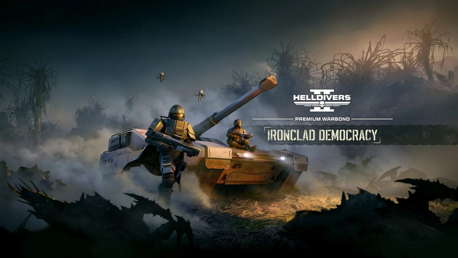 Official Helldivers 2 key art showing armored Helldivers troopers advancing with heavy vehicles.