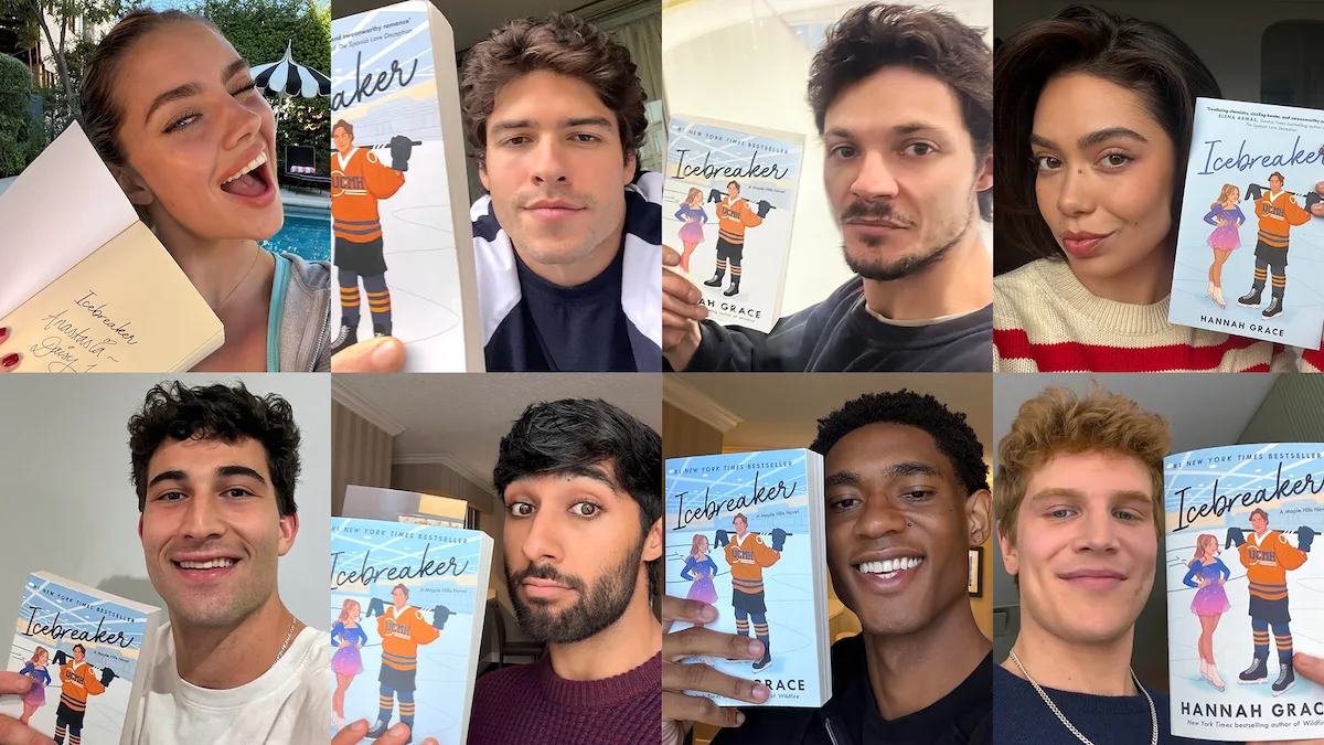 Netflix's Icebreaker cast collage showing Daisy Jelley, Connor Simos, Gabriel Tierney, Auliʻi Cravalho, Peter Berry, Chaneil Kular, Devin Craig and Aidan Shaw, each holding the novel.