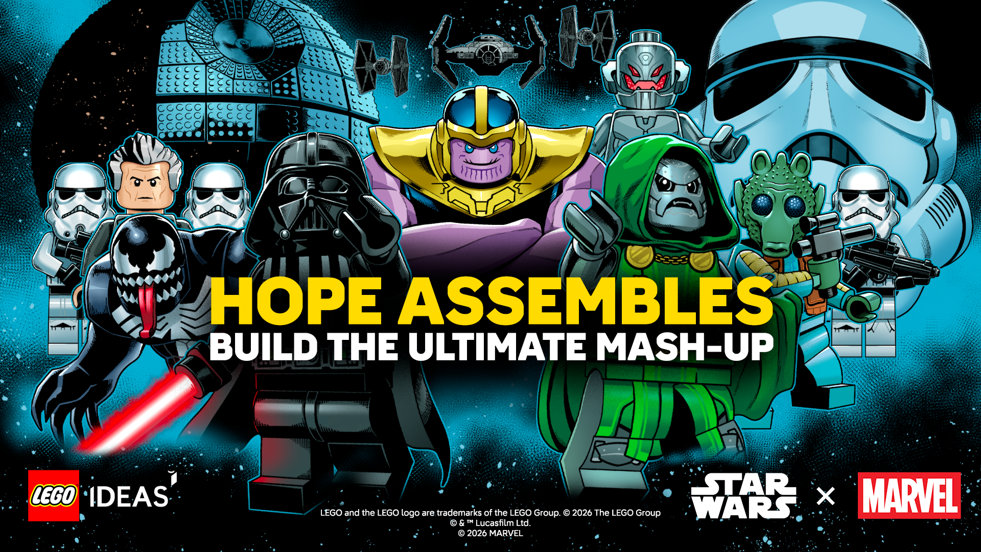 Official Hope Assembles campaign artwork with LEGO-style Darth Vader, Thanos, Doctor Doom and stormtroopers above LEGO Ideas and Star Wars × Marvel logos.