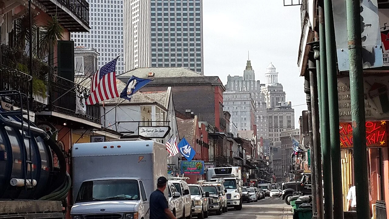 A 2016 photograph looking along Bourbon Street in the French Quarter of New Orleans.