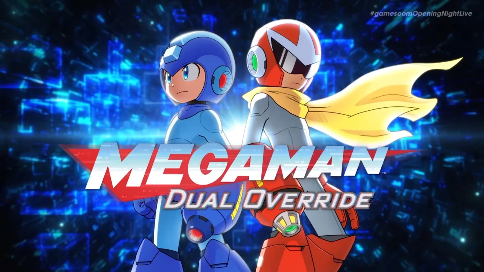 Official key art for Mega Man: Dual Override, showing Mega Man and Proto Man standing back to back.