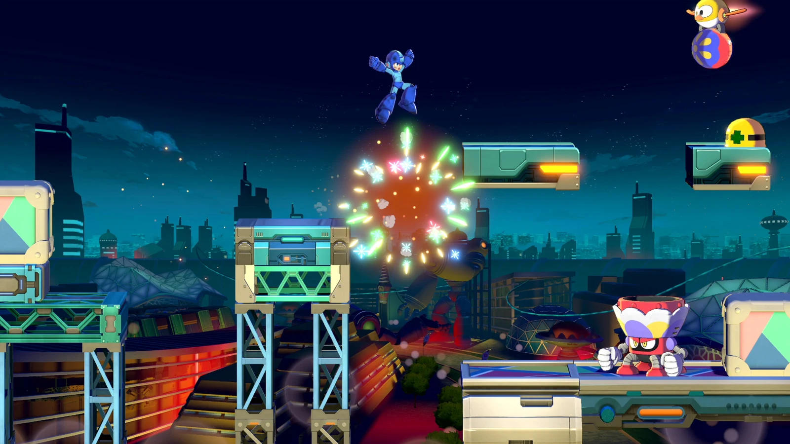 Capcom Mega Man leaping through a stage as fireworks and a Robot Master figure appear in the background in Mega Man: Dual Override.