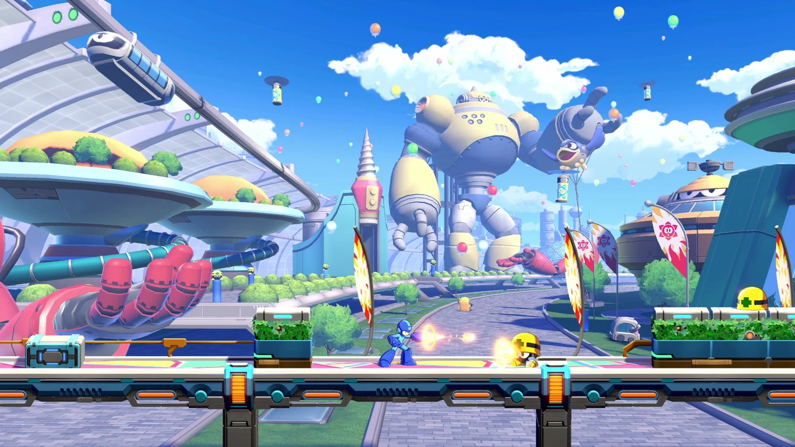 Capcom A screenshot from Mega Man: Dual Override showing Mega Man and a partner character battling in a colorful futuristic city stage.