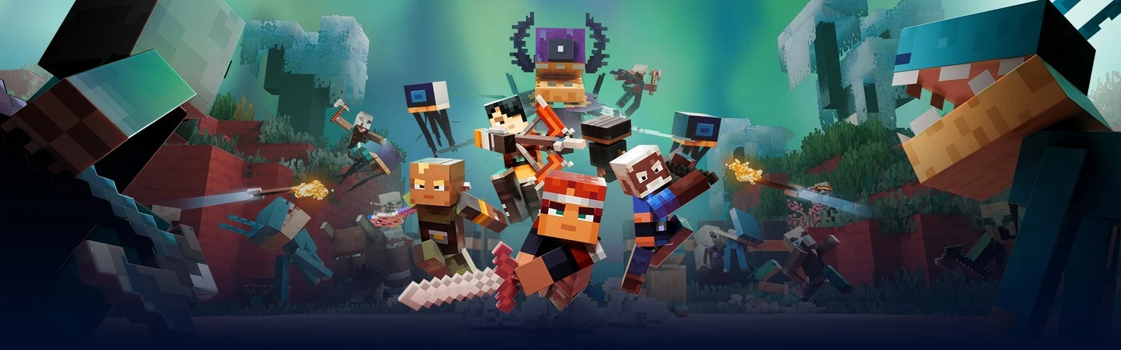 Minecraft Dungeons II heroes fighting mobs amid teal-lit ruins in official key art.