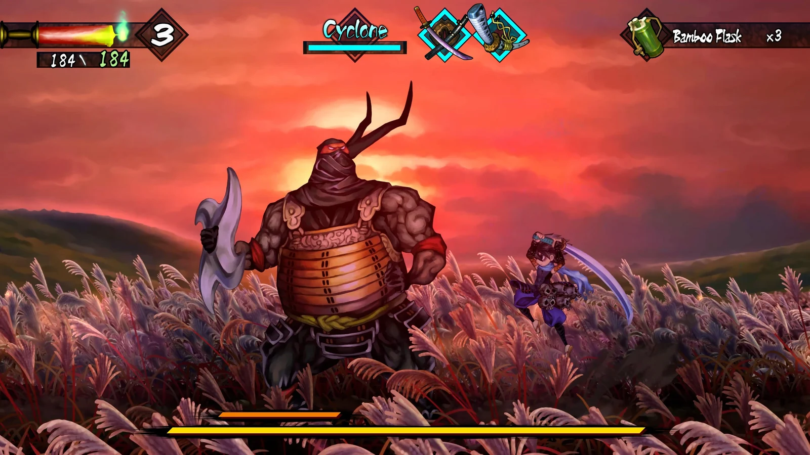 Vanillaware / Marvelous A large armored enemy confronting a smaller swordfighter in a windswept field at sunset in Muramasa: Revenant Blades.