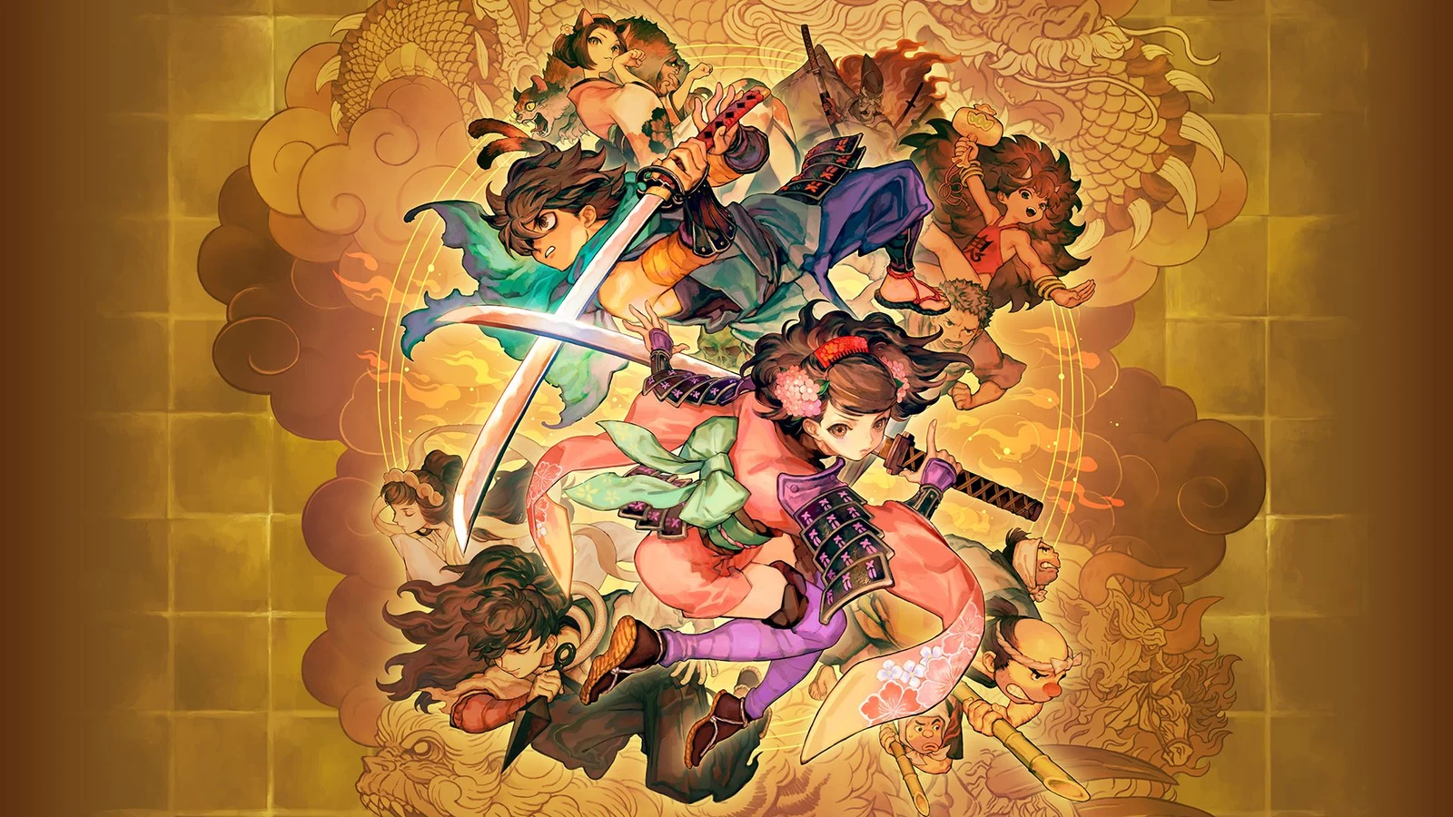 Official key art for Muramasa: Revenant Blades, showing protagonists Kisuke and Momohime crossing swords in front of a golden dragon mural, surrounded by the game's other playable characters.