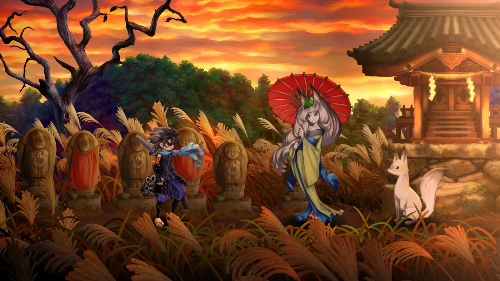 Vanillaware / Marvelous Kisuke exploring a shrine setting alongside a fox spirit character in Muramasa: Revenant Blades.
