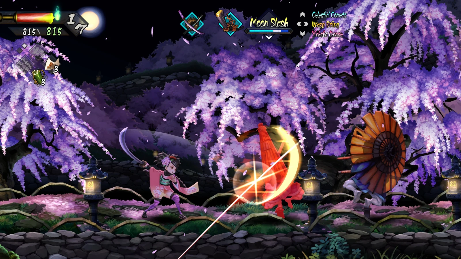 Vanillaware / Marvelous Momohime facing off against another swordfighter under cherry blossoms in Muramasa: Revenant Blades.