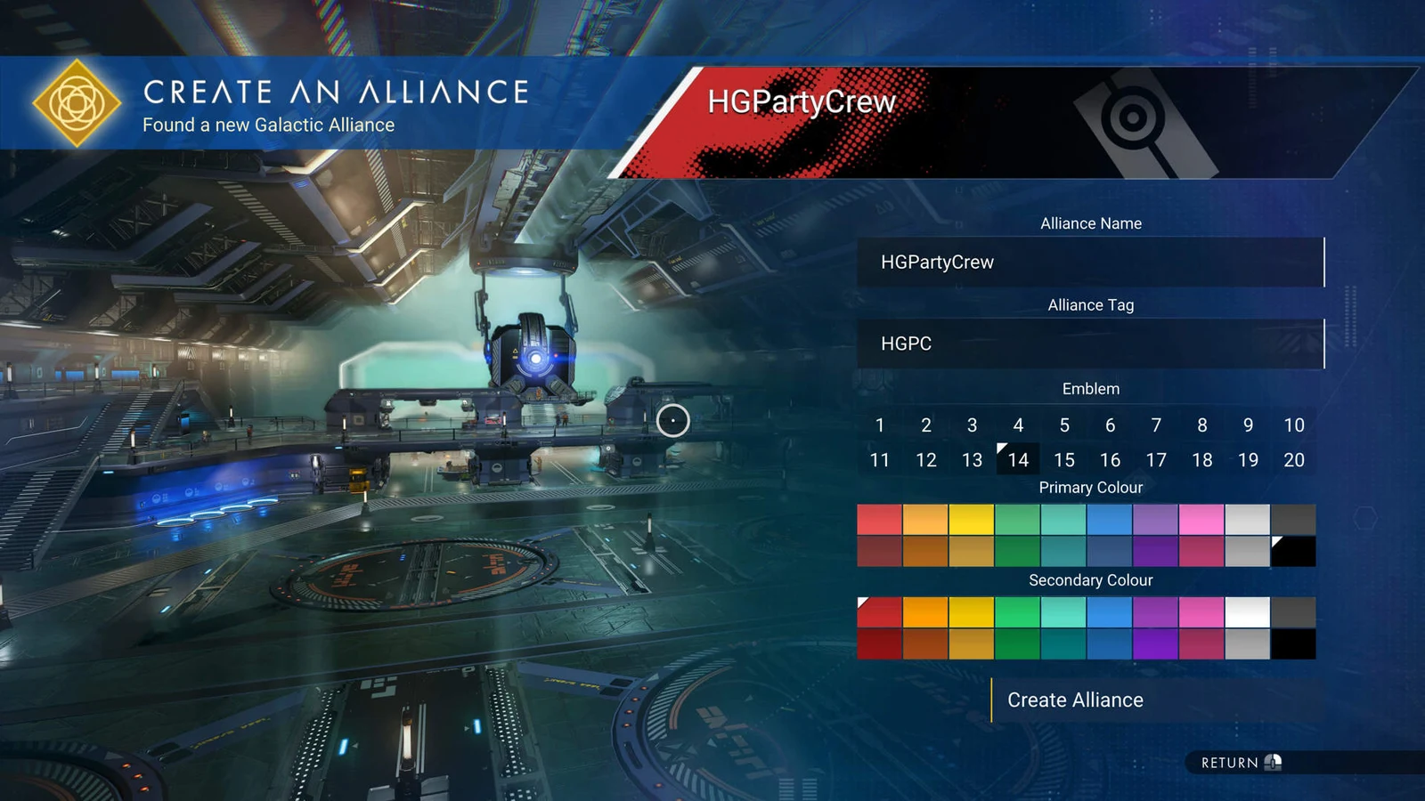 Hello Games No Man's Sky's Create an Alliance screen, showing name, tag, emblem and color customization options.