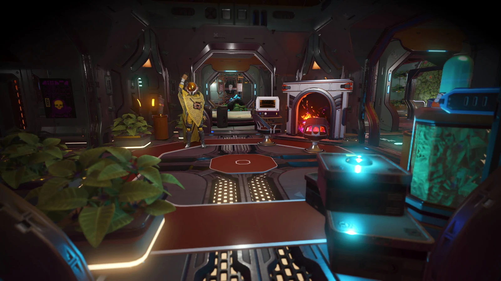 Hello Games The interior of a player-customized space station lobby in No Man's Sky, showing decorated seating, a fireplace and plants.