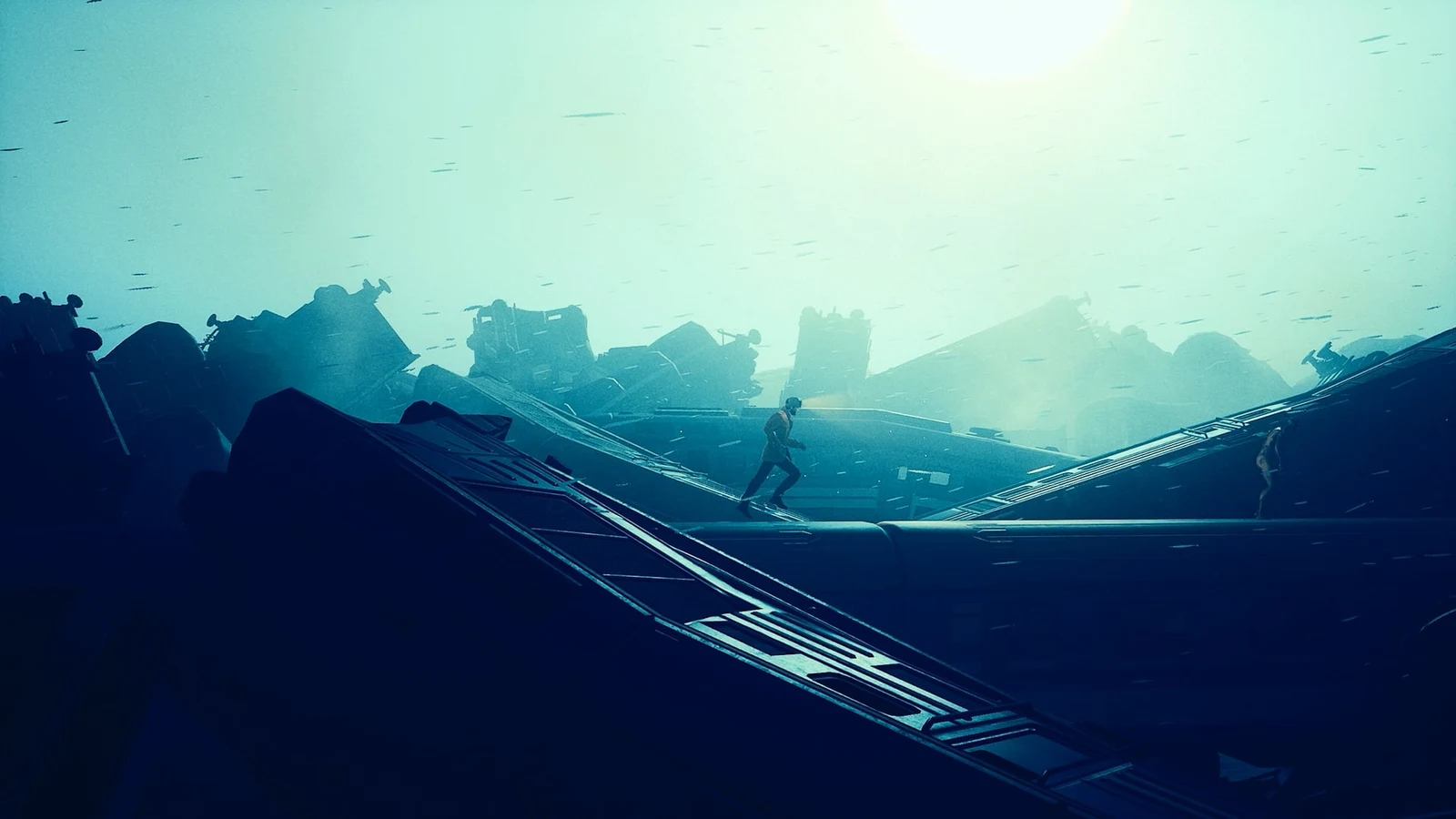 Bloober Team / Broken Mirror Games A silhouetted figure running across wreckage-strewn rooftops under a hazy sky in Onyx: The Dark Grip.