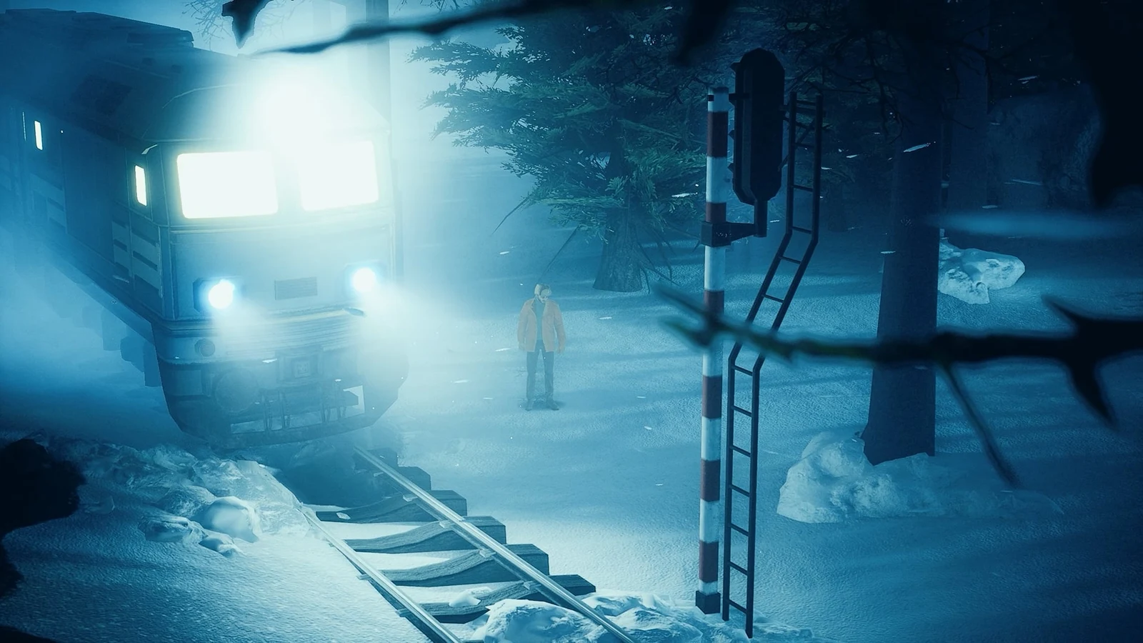 Bloober Team / Broken Mirror Games A man walking toward an oncoming train on snow-covered tracks at night in Onyx: The Dark Grip.