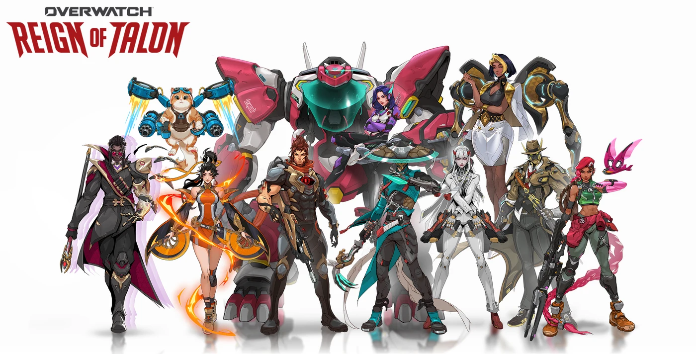 Blizzard Entertainment Official key art for Overwatch: Reign of Talon showing the full Talon hero lineup, including Doctrine.