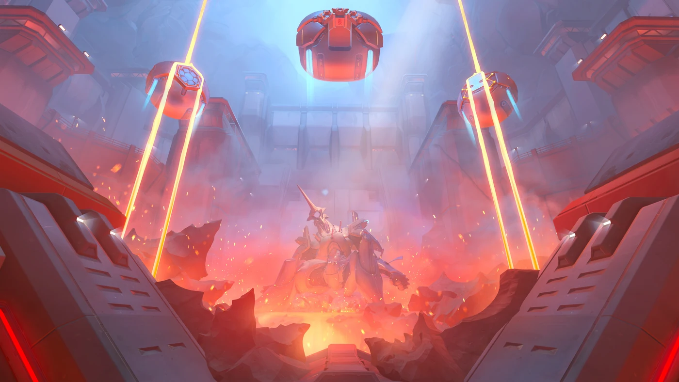 Blizzard Entertainment Official screenshot of Watchpoint: Grímsvötn, showing a fiery prison courtyard with a hovering escort payload and an armored figure.
