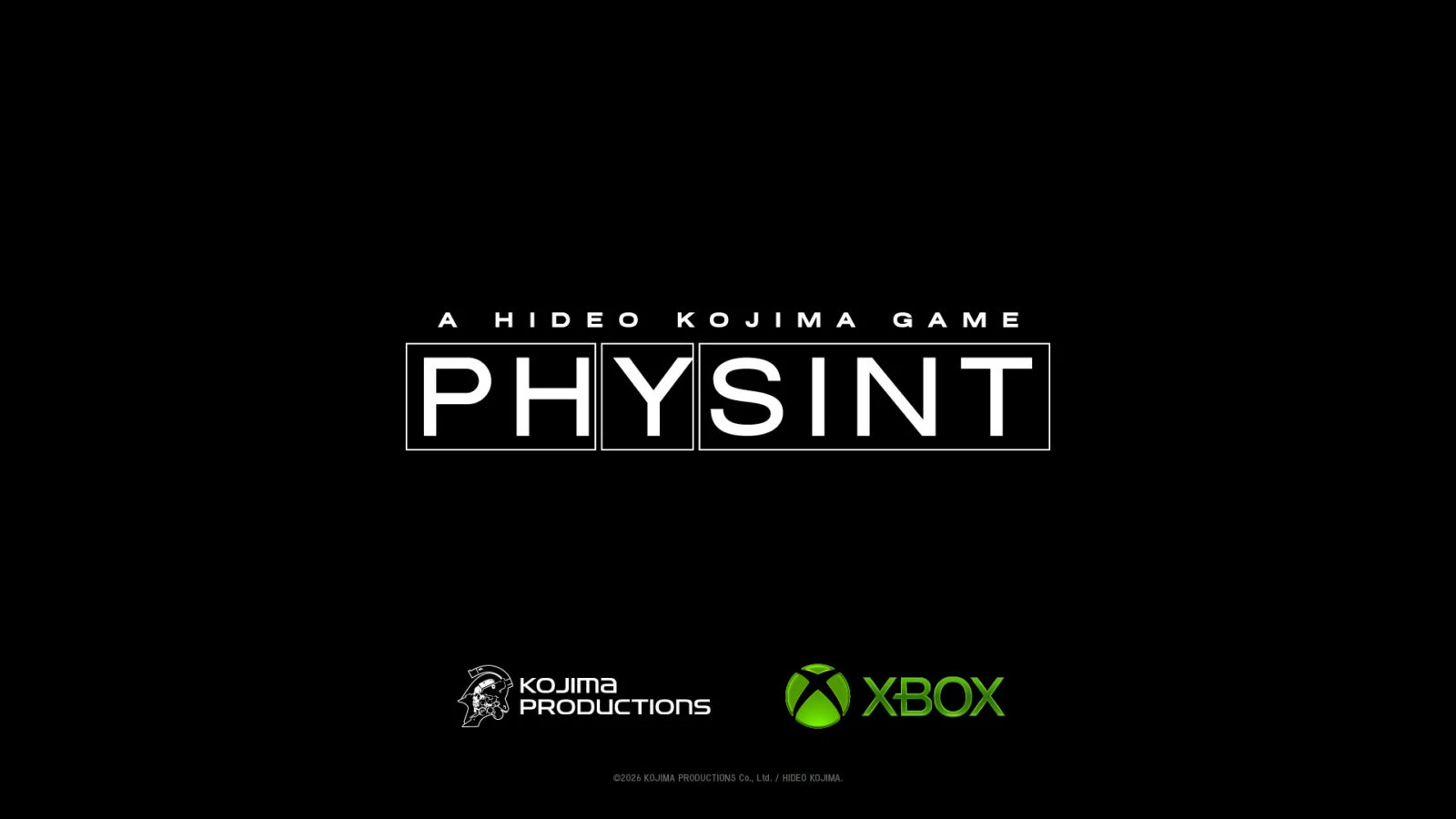 Official PHYSINT announcement key art on a black background, reading 'A Hideo Kojima Game — PHYSINT' with the Kojima Productions and Xbox logos below.