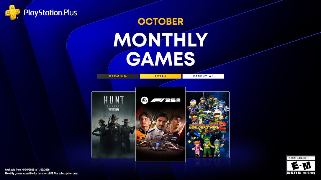Official PlayStation Plus October 2026 Monthly Games artwork featuring Hunt: Showdown 1896, F1 25 and Earth Defense Force: World Brothers 2.