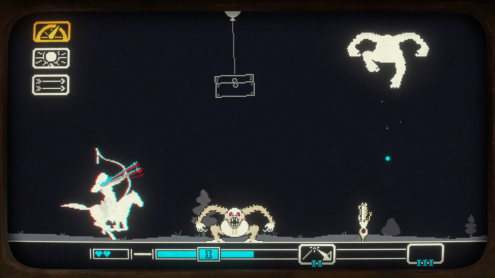 Pony Island 2 Panda Circus screenshot showing a horned creature and a small panda character inside an arcade display