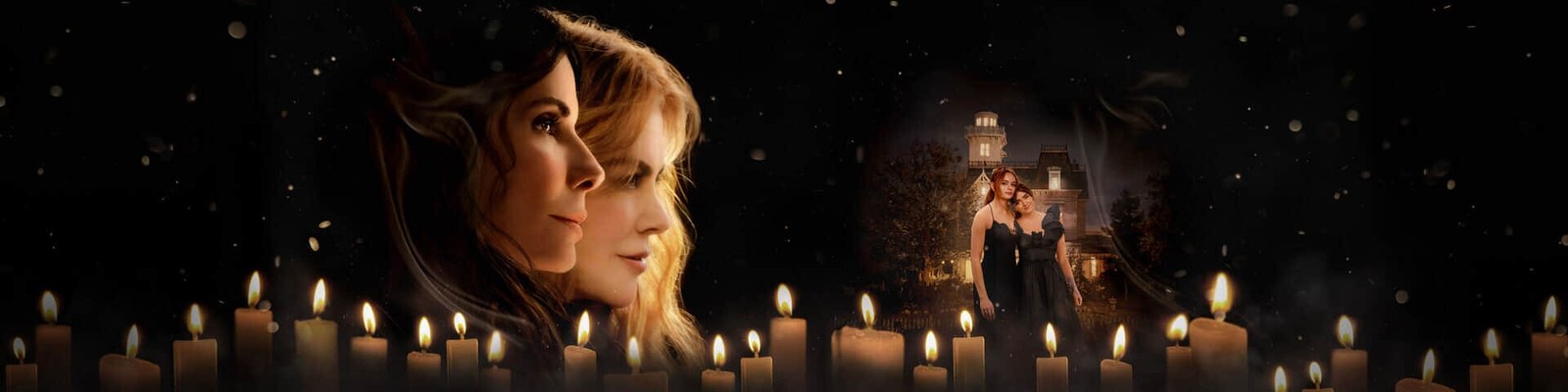 Official Practical Magic 2 key art showing the Owens family across generations, with the younger generation standing outside the family house alongside Sally and Gillian.