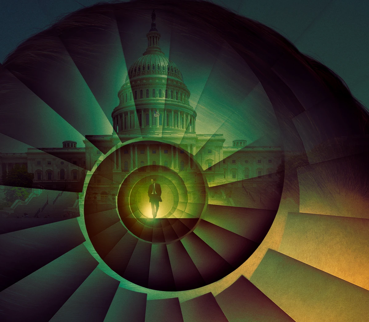 Detail from official Silo Season 3 key art showing a silhouetted figure descending a spiral staircase toward the U.S. Capitol, representing the Before Times' connection to Silo 1.