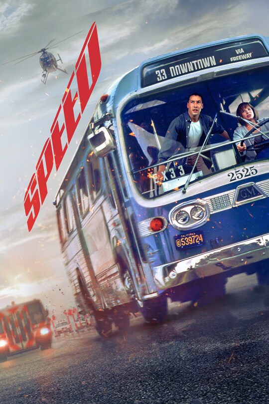 Official Speed poster showing Keanu Reeves and Sandra Bullock in the front of a moving bus.