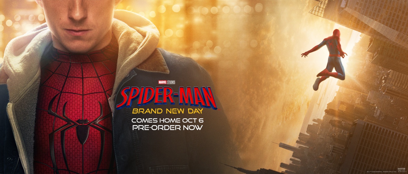 Official Sony Pictures Spider-Man: Brand New Day digital-release banner showing Tom Holland as Peter Parker alongside Spider-Man in action.