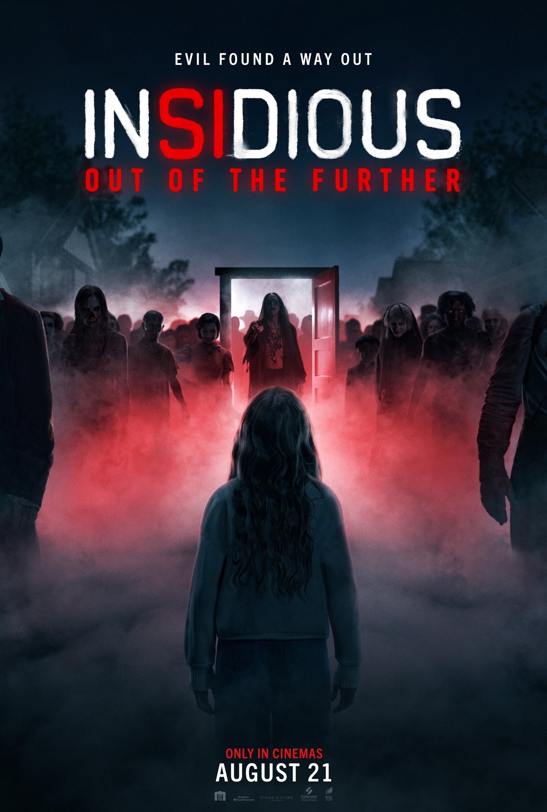 Official Insidious: Out of the Further theatrical poster showing a woman facing a red door surrounded by spirits.