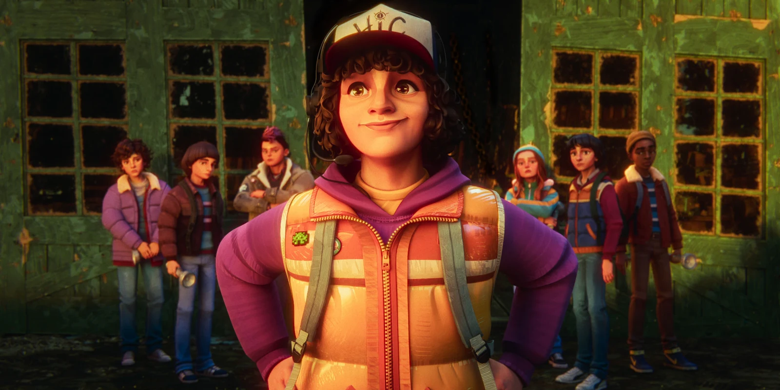 The Hawkins Investigators Club in official Stranger Things: Tales From '85 Season 2 artwork, led by Dustin wearing his HIC headset and cap.