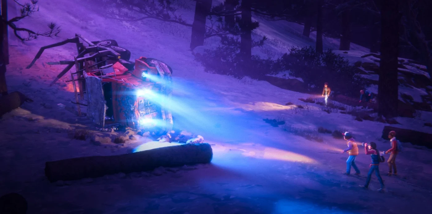 Official Stranger Things: Tales From '85 Season 2 still showing the Hawkins Investigators Club approaching an overturned, monster-like vehicle wreck in a snowy forest at night.