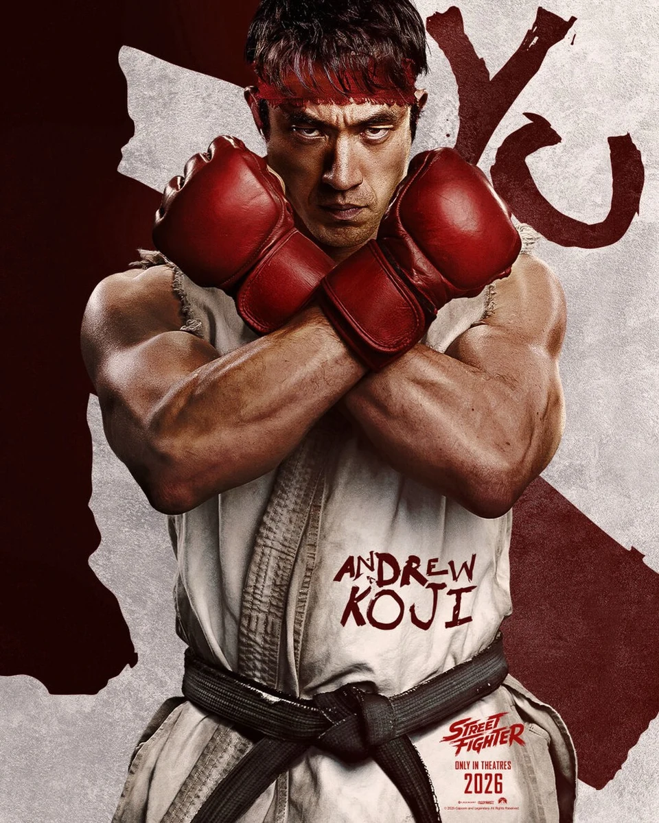 Previously released official Street Fighter film character poster shows Andrew Koji as Ryu in a white gi, red headband and red gloves.